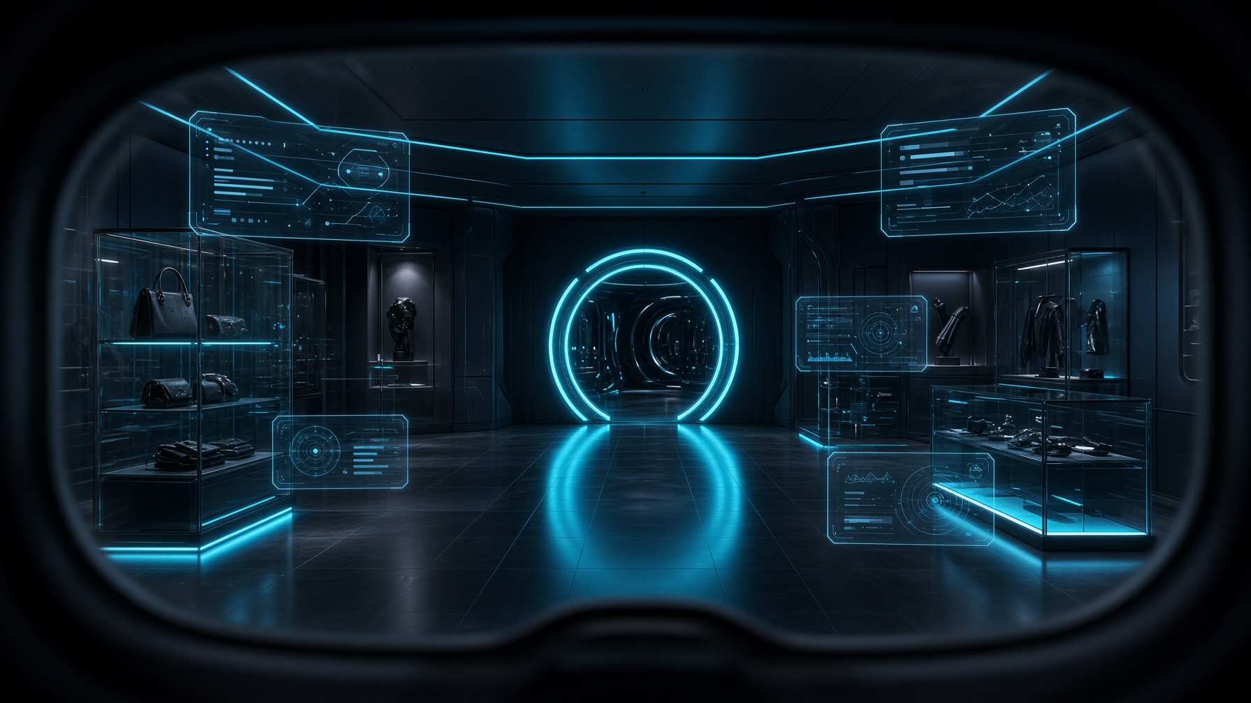 Vue visor — on entre dans la boutique, hologrammes, portail cyan